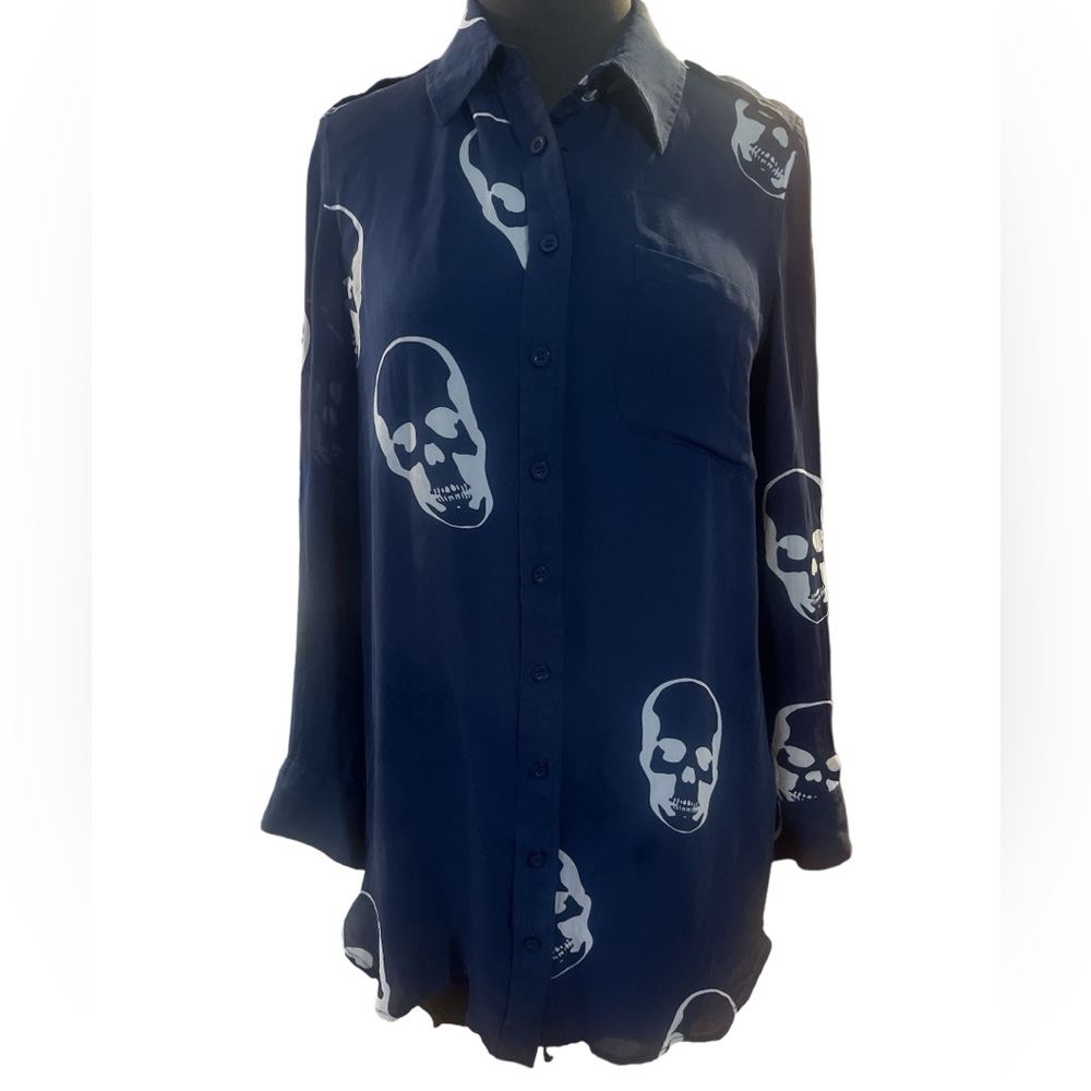 E.Vil Queen Of Evil Silk Skull Print Button Front Blouse Small